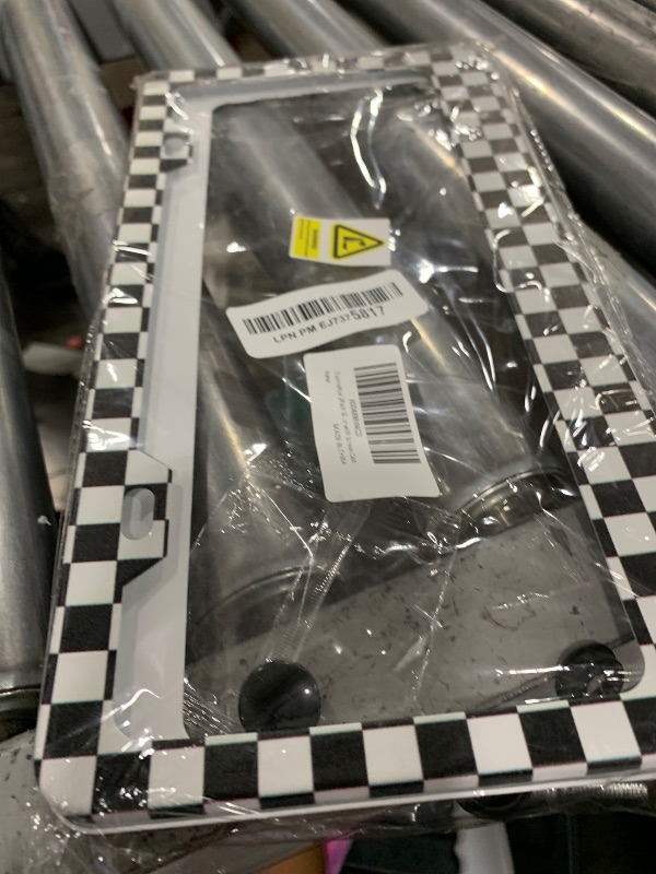 Photo 1 of TianHeYue 2Pack Simple Style Black and White Racing and Checkered Pattern Car License Plate Frames, Aluminum Car Tags Frame with Screws Caps