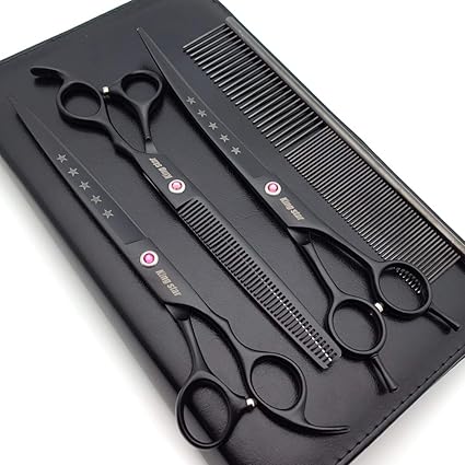 Photo 1 of Kingstar 8.0in. Matt Black Professional Pet Grooming Scissors Set,Straight & Thinning & Curved Scissors Set with Comb,Dog Grooming,A559