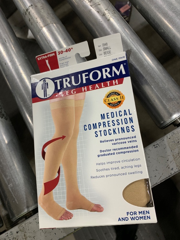 Photo 1 of Truform 30-40 mmHg Compression Stockings for Men and Women, Thigh High Length, Dot-Top, Open Toe, Beige, Small
