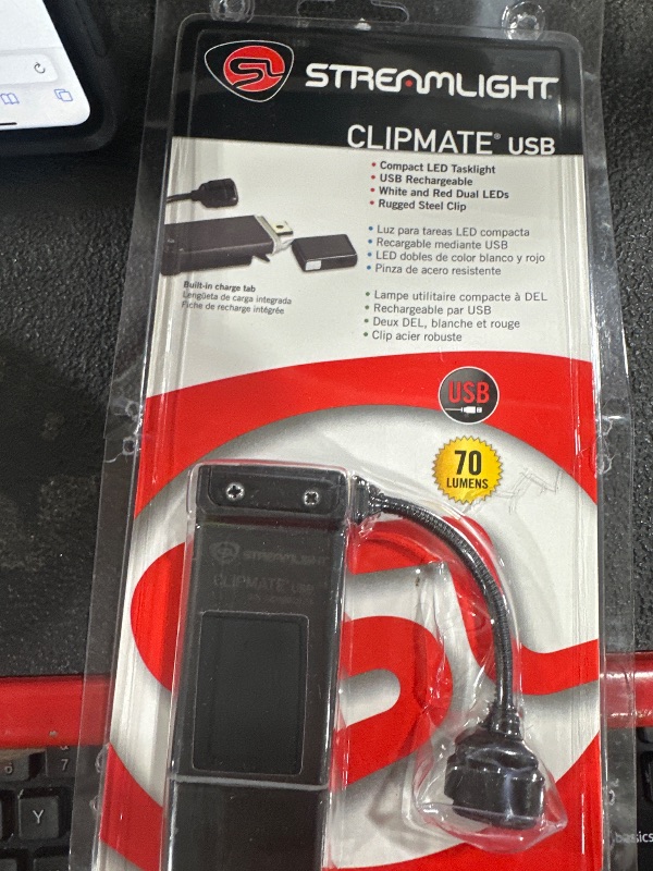 Photo 1 of Streamlight 61125 ClipMate 70-Lumen USB Rechargeable Clip-On Light, with White and Red LEDs, Black