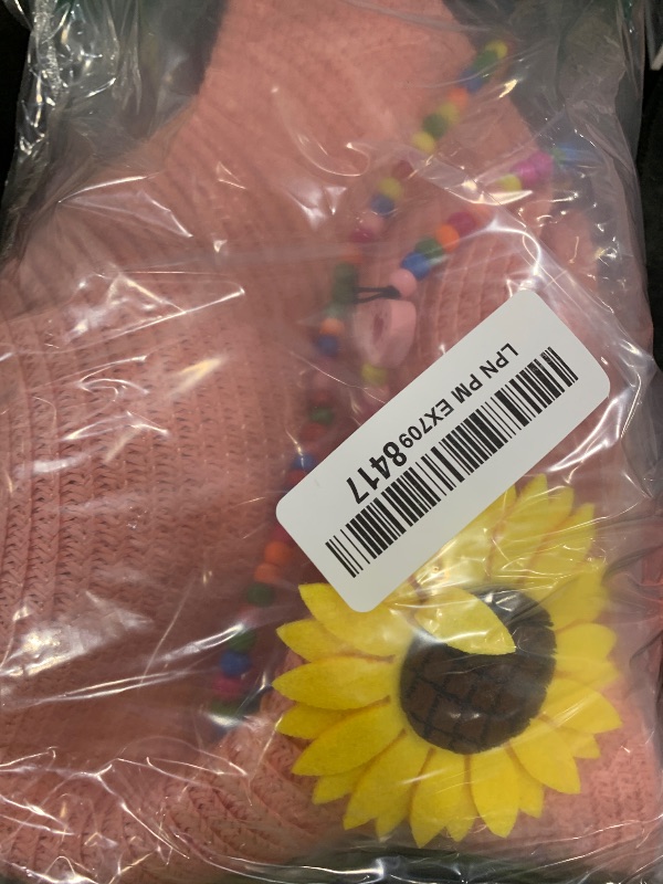 Photo 1 of Summer Straw Hat for Girls Large Brim Sunflower Beach Hat Cute Flower Sun Hat with Flower Round Sunglasses (Pink)