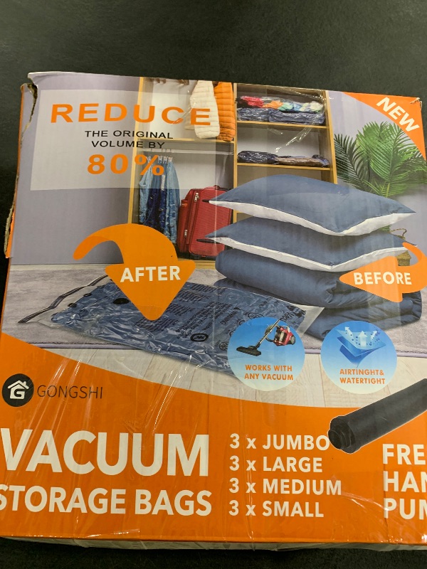 Photo 1 of 12 Pack Vacuum Storage Bags (3 Jumbo, 3 Large, 3 Medium, 3 Small),Plastic Packaging Bags,Space Saver Sealer Compression Bags with Travel Hand Pump for Blankets, Comforters, Pillows, Clothes Storage