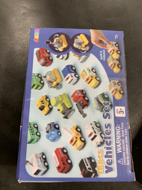 Photo 1 of JOYIN 18 Pcs Pull Back City Cars and Trucks Toy Vehicles Set, Friction Powered Cars Toys for Toddlers, Boys, Girls’ Educational Play, Kids Stocking Stuffers, Treasure Box Gifts for Classroom