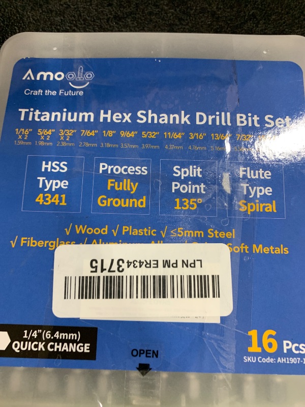 Photo 1 of amoolo Hex Shank Drill Bit Set (13Pcs Set+3 Pcs Free), Premium 4341 HSS Titanium Impact Hex Drill Bits for Wood, Steel, Metal, Plastic, Quick Change Design (1/16 -1/4 )