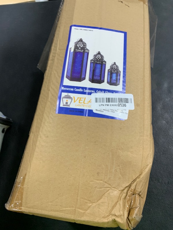 Photo 1 of VELA LANTERNS Moroccan Candle Lantern Decorative Set of 3 for Floor, Ramadan Decorations, Indoor Home Decor, Outdoor Patio or Porch, Weddings, Cobalt