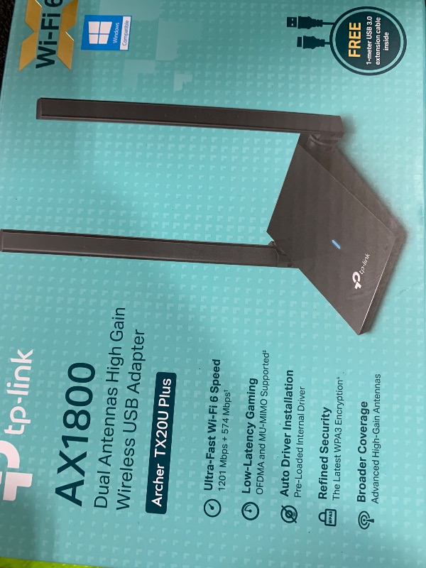 Photo 1 of TP-Link WiFi 6 USB Adapter for Desktop PC - (Archer TX20U Plus) AX1800 Wireless Network Adapter with 2.4GHz, 5GHz, High Gain Dual Band 5dBi Antenna, WPA3, Supports Windows 11/10