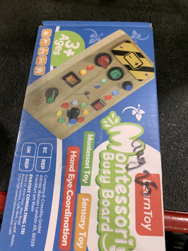 Photo 1 of LearnToy Montessori Wooden Busy Board for Toddlers 1-3 Years - Sensory Learning Toy with LED Light Switches & Trumpet Horn - Portable Travel Activity Board for Baby Development