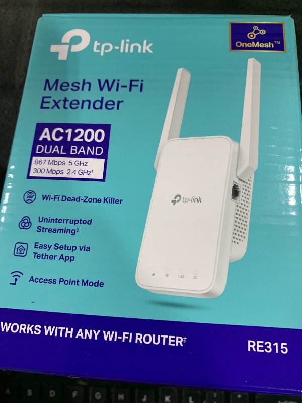 Photo 1 of TP-Link AC1200 WiFi Extender, 2025 Wirecutter Best WiFi Extender, 1.2Gbps Home Signal Booster, Dual Band 5GHz/2.4GHz, Up to 1600 Sq.ft and 32 Devices, EasyMesh Compatible, One Ethernet Port (RE315)