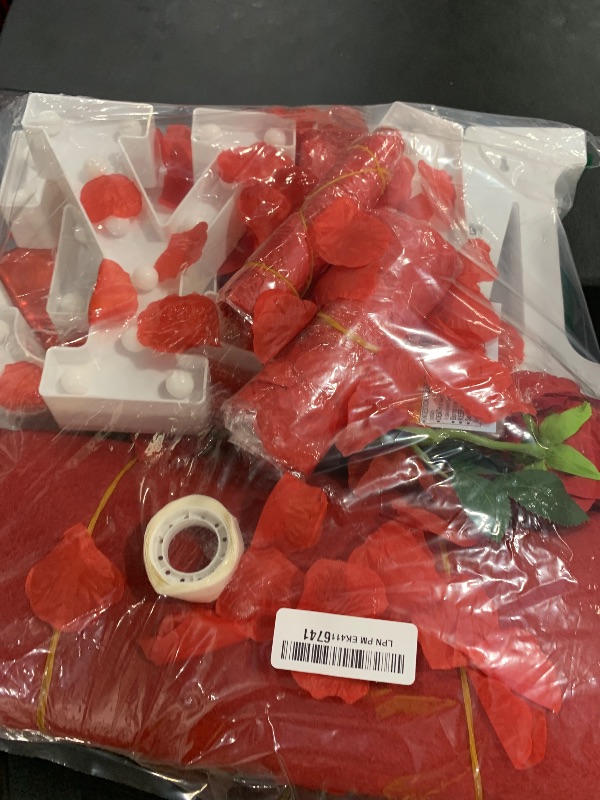 Photo 1 of Proposal Decorations Kit, Marry Me Light Up Letters, 2000 Rose Petals, 24 Heart Shaped Romantic Candles, Red Carpet Aisle Runner 16 Feet, 10 Red Heart Balloons, 1 Engagement Rose Ring Box