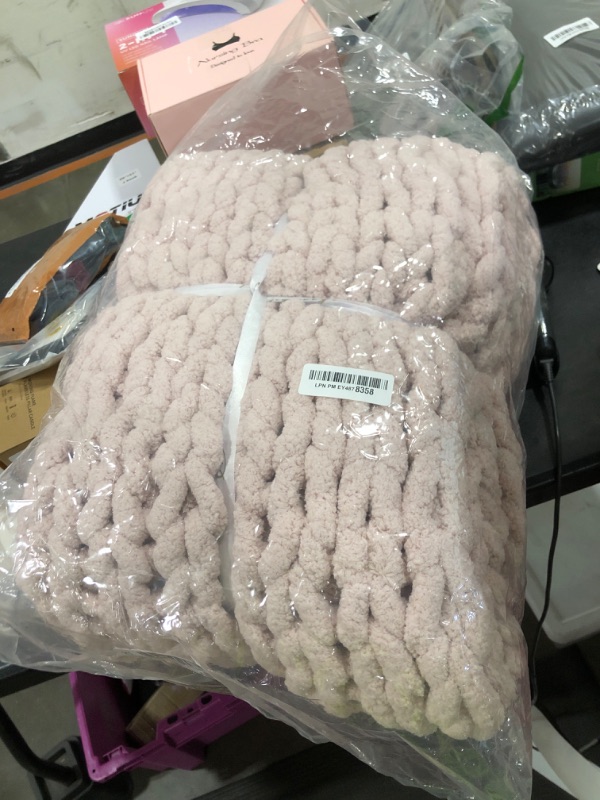 Photo 1 of Bigacogo Chunky Knit Throw Blanket for Couch, 40x80 inches, 100% Hand Knitted with Thick Jumbo Chenille Yarn, Cozy Soft Large Rope Knot Cable Crochet Blankets for Sofa Bed Living Room, Rose Tan