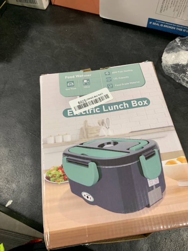 Photo 1 of Electric Heated Lunch Boxes Adults: 80W Electric Lunch Box Food Heated 12/24/110V 1.5L Heatable Lunch Box for Car/Truck/Office Leak-Proof Stainless Steel Container, Fork & Spoon, Bag (Grey+Green)