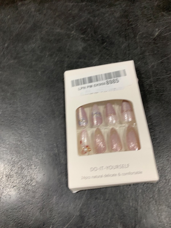 Photo 1 of Hrnsnails Nail Press ons, Almond Press On Nails Medium Girls Fake Nails with Flowers & 3D Pearl Bow Glitter Fashion Design, Acrylic Artificial False Nails Press On Stick On Nails for Women