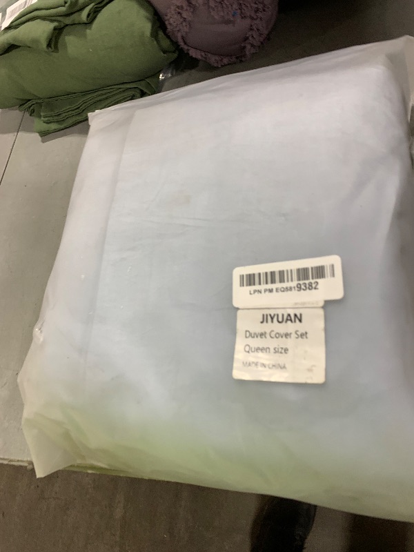 Photo 1 of JIYUAN 100% Washed Cotton Duvet Cover Set 3 Pieces Queen, 1 Duvet Cover 90x90 Inches(Comforter Not Included) and 2 Pillowcases,Linen Feel Bedding Set Comfy and Breathable, Heathered Light Blue