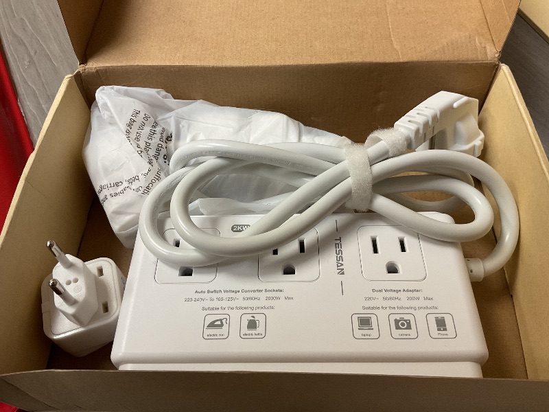 Photo 1 of TESSAN 220V to 110V Voltage Converter for Travel with 4 USB Ports (1 USB C), 3 AC Outlet and EU UK AU IT in ZA International Power Adapter, Step Down Transformer Outlet Converters White