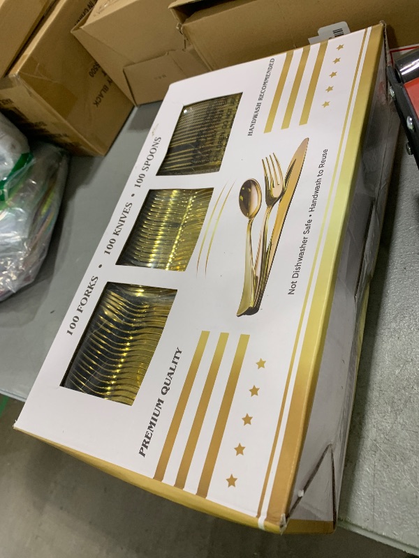Photo 1 of N9R 300PCS Gold Plastic Silverware, Heavy Duty Gold Plastic Cutlery Set Disposable Flatware Dinnerware, 100 Forks, 100 Spoons, 100 Knives, Perfect for Party, Wedding and Daily Use