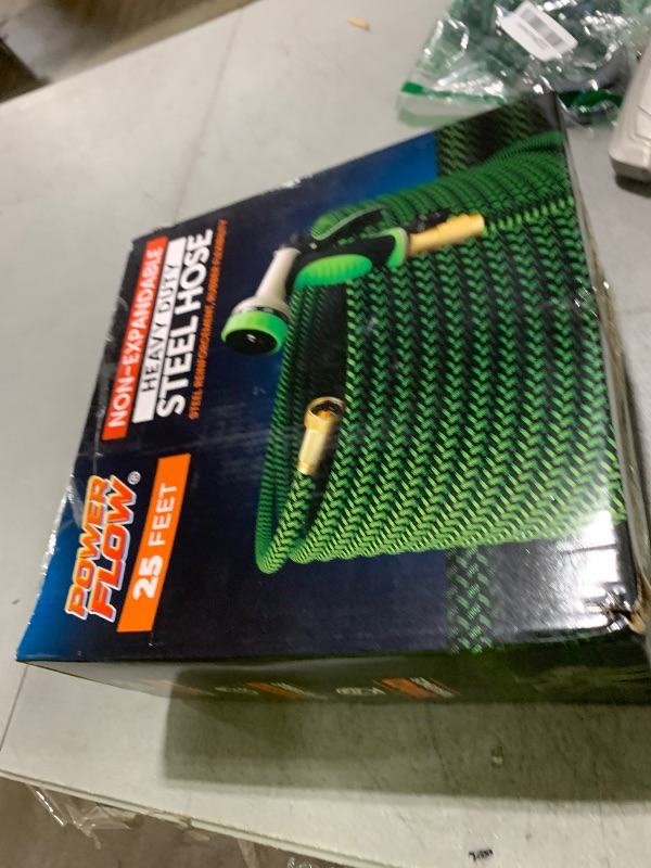 Photo 1 of PowerFlow Garden Hose, NON-EXPANDABLE 25 Feet Premium Quality Stainless Steel Metal Water Hose with Durable Fabric Skin, Hose For Commercial, Residential Use, Bonus 10-way Spray Nozzle (25 Ft, Green)