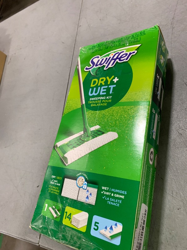 Photo 1 of Swiffer Sweeper 2-in-1 Dry + Wet Floor Mopping and Sweeping Kit, Multi-Surface Kit for Floor Cleaning, Kit Includes 1 Sweeper, 14 Dry Sweeping Cloths, 5 Wet Mopping Cloths