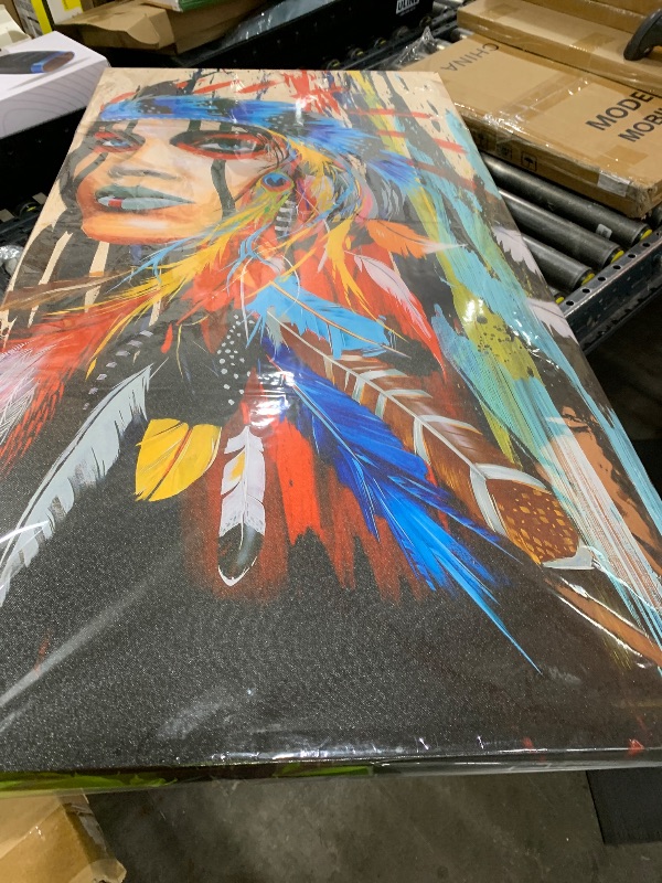 Photo 1 of Canvas Wall Art Native American Indian Beauty Large Modern Canvas Artwork Girl with Colorful Feathers Contemporary Canvas Picture Bedroom Living Room Hallway Home Office Kitchen Wall Decor 48" x 24"