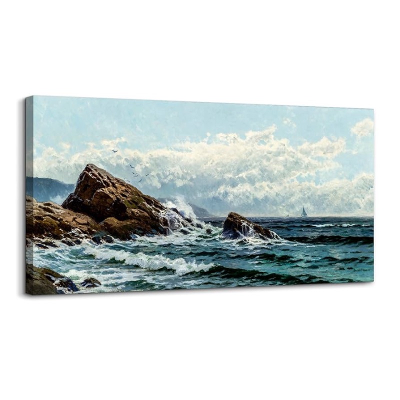 Photo 1 of crmotu Large Wall Art for Living Room, Coastal Landscape Retro Canvas Painting, Ocean Waves Vintage Decor Art Prints, Blue Nautical Scenery Bedroom Bathroom Home Office Pictures Wall Decor 30"X60"