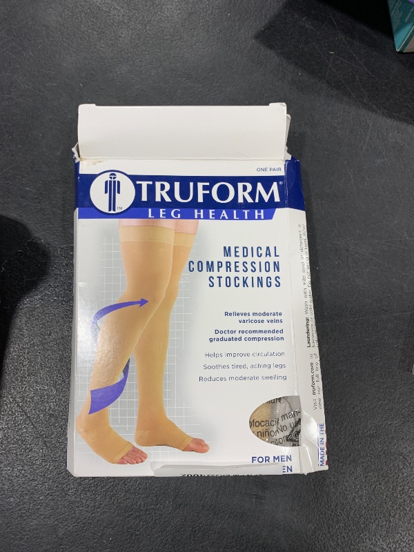 Photo 1 of Truform 20-30 mmHg Compression Stockings for Men and Women, Thigh High Length, Dot-Top, Open Toe, Beige, Small