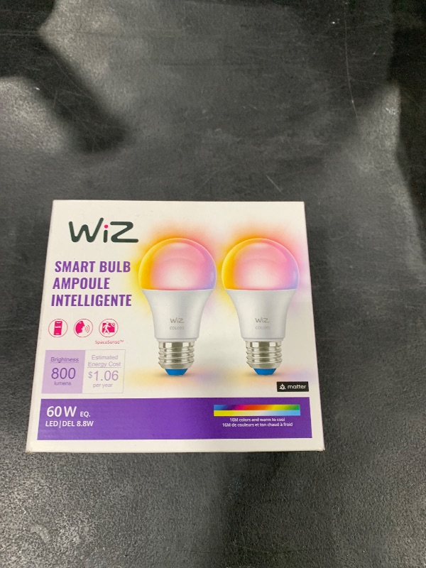 Photo 1 of WiZ LED Smart Light Bulbs, Sunset to Sunrise Automation + Motion Detection + Control with Voice or App, Full Color A19 60W 800LM E26 Indoor, Matter Compatible - 2 Pack