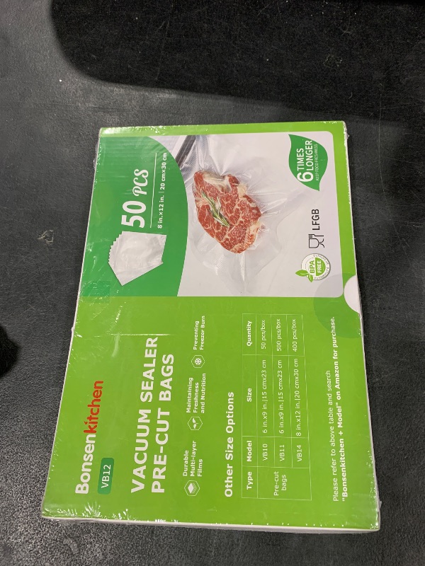 Photo 1 of Bonsenkitchen Vacuum Sealer Bags, 50 Quart 8" x 12" Precut Food Sealer Bags, Commercial Grade, BPA Free, Heavy Duty, Customized Size Vacuum Bags for Vac Storage, Meal Prep or Sous Vide Cooking, VB12