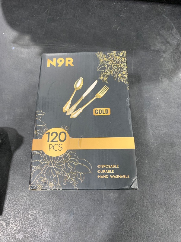 Photo 1 of N9R 120PCS Gold Plastic Silverware, Disposable Silverware Include 40 Forks, 40 Spoons, 40 Knives, Gold Cutlery Set Disposable for Party, Wedding and Daily Use