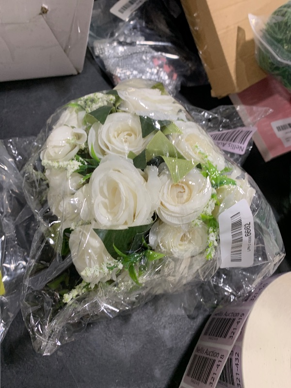 Photo 1 of Wowagoga 12 Inch Wedding Bouquet with Pearl Crystals Ribbons,Artificial Rose Flower for Bride Bridesmaids Artificial Fake Flowers Fake Flowers Toss Bouquet for Wedding Party Church(White)