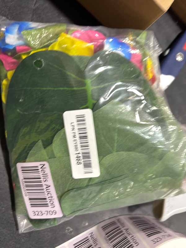 Photo 1 of KUUQA 60 Pcs Tropical Party Decoration Supplies 8" Palmtera Hibiscus Leaves and Flowers, Simulation Leaf for Hawaiian Luau Party Jungle Beach Theme Table Decorations