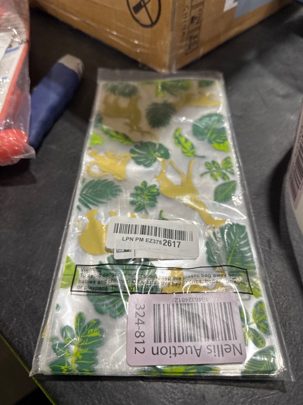 Photo 1 of 100 Pieces Jungle Animal Cellophane Treat Bags, Green Gold Safari Animal Palm Leaves Plastic Candy Goodie Bags with 100 Gold Twist Ties for Wild One Safari Baby Shower Birthday Party Favors