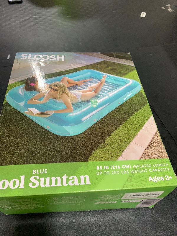 Photo 1 of SLOOSH Inflatable Tanning Pool Lounger Float, 85" x 57" Extra Large Pool Floats Adult with Pillow, 4 in 1 Suntan Tub Raft Floatie,Sunbathing Bed Lounge for Water Blow Up Ball Pit Party Gifts, XL-Blue