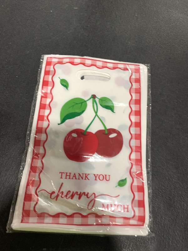 Photo 1 of ArianQicult Cherry Party Favor Bags - 50Pcs Red Sweet Cherries Goody Candy Treat Gifts Bags, Fruit Berry Themed Party Decorations for Kids Girls Boys Birthday Baby Shower Fruit Events Supplies