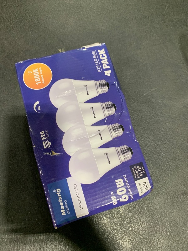 Photo 1 of Maelsrlg A19 Warm Sleep Light Bulb, 9W(60W Equivalent), 1800K Amber, Dimmable, E26 Base, Soft Yellow Light Bulbs, 800 Lumen, 120V, 4-Pack