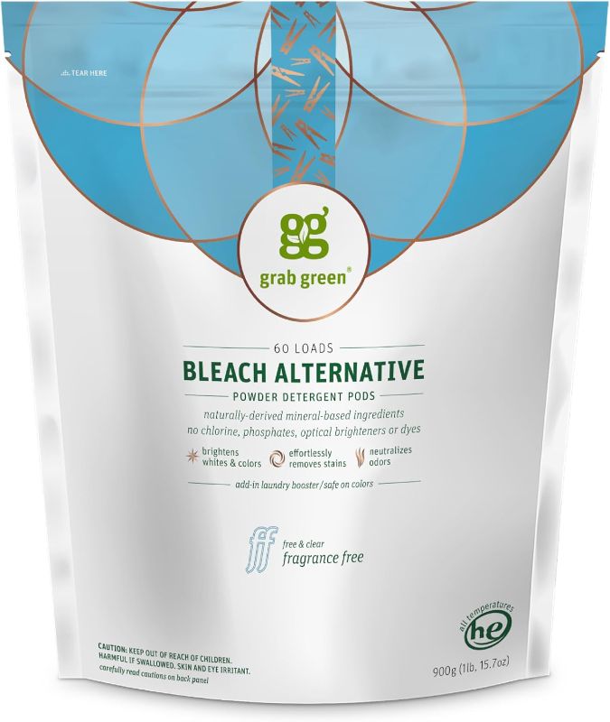 Photo 1 of Grab Green Bleach Alternative Pods, 60 Count, Chlorine Free, Fragrance Free, Plant and Mineral Based, Laundry Booster to Brighten Whites, Removes Stains, Neutralizes Odors