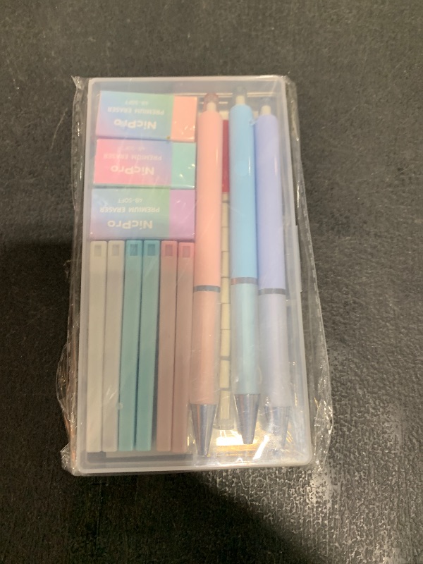 Photo 1 of Nicpro 3PCS Pastel Mechanical Pencil Set, 0.9 Mechanical Pencil with 6 Tubes HB Lead 0.9mm, 3PCS Eraser & 9PCS Eraser Refill, Cute School Supplies for Writing, Sketching, Drafting-With Case