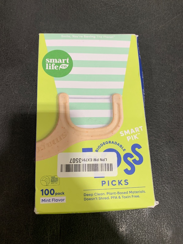 Photo 1 of SmartLifeco Eco-Friendly Dental Floss Picks (100ct) - Flossers Made with Straw Wheat Blend, Superior Anti-Shred Thread for Tight Gaps, Tooth Pick Stick for Adults, Soft on Gum & Teeth, Vegan, Mint