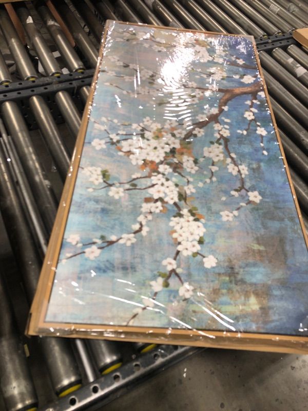 Photo 1 of yearainn Framed Floral Tree Wall Art – White Flowers Green Leaves Branches Picture, Vintage Blue-Turquoise Background, Watercolor Artwork for Home Decor, Ready to Hang, Natural Wood Frame, 20" x 40"