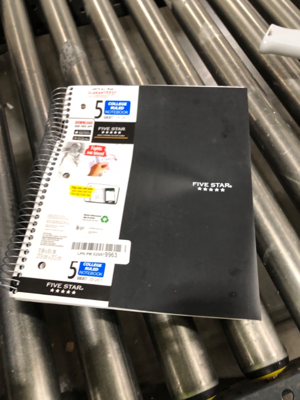 Photo 1 of Five Star Spiral Notebook + Study App, 5 Subject, College Ruled Paper, 8-1/2" x 11", 200 Sheets, Fights Ink Bleed, Water Resistant Cover, Black (72081)