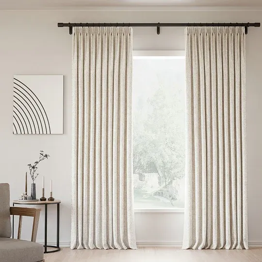 Photo 1 of Pinch Pleated Lille Linen Memory Trained Blackout Curtains Natural Modern Tapioca Custom Drapes