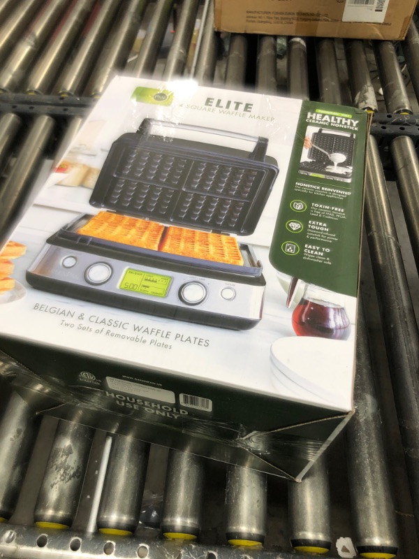 Photo 1 of GreenPan Elite 4-Square Belgian & Classic Waffle Maker, Healthy Ceramic Nonstick Aluminum Dishwasher Safe Plates, Adjustable Shade/Crunch Control, Wont Overflow,Easy Cleanup Breakfast,PFAS-Free,Black