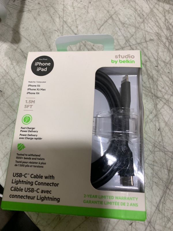 Photo 1 of Belkin USB-C to Lightning Cable (4ft Fast Charging iPhone USB-C Cable for iPhone 11, 11 Pro, 11 Pro Max, XS, XS Max, XR, X, MacBook, iPad and more, Apple MFi-Certified), Black (F8J239bt04-BLK)