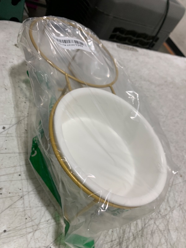 Photo 1 of Elevated Dog Bowls for Small Dogs - 2 Ceramic Bowls with Gold Iron Stand - Raised Pet Dish Set for Food and Water - Comfortable Feeding