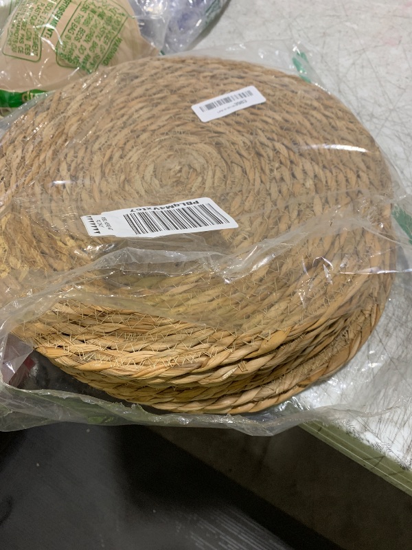 Photo 1 of 13 in Round Woven Placemats Plate Chargers Set of 10, Boho Farmhouse Rustic Woven Place Mats for Dining Table Decor, Rattan Wicker Table Mats Jute Braided Chargers for Dinner Plates