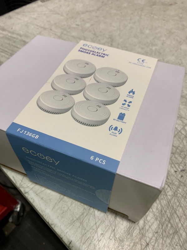 Photo 1 of Ecoey  Alarm Fire Detector, Battery Included Photoelectric Smoke Detector with Test Button and Low Battery Signal, Small Fire Alarm for Home, Bedroom FJ136GB, 6 Packs