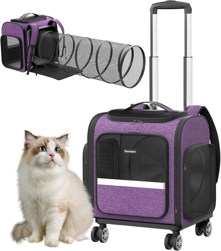 Photo 1 of Rolling Cat Carrier with Wheels Dog Carrier for Small Dogs & Medium Cats, Expandable Pet Carrier on Wheels with Cat Play Tunnel, Large Capacity, Breathable Mesh, Side Pocket, Purple