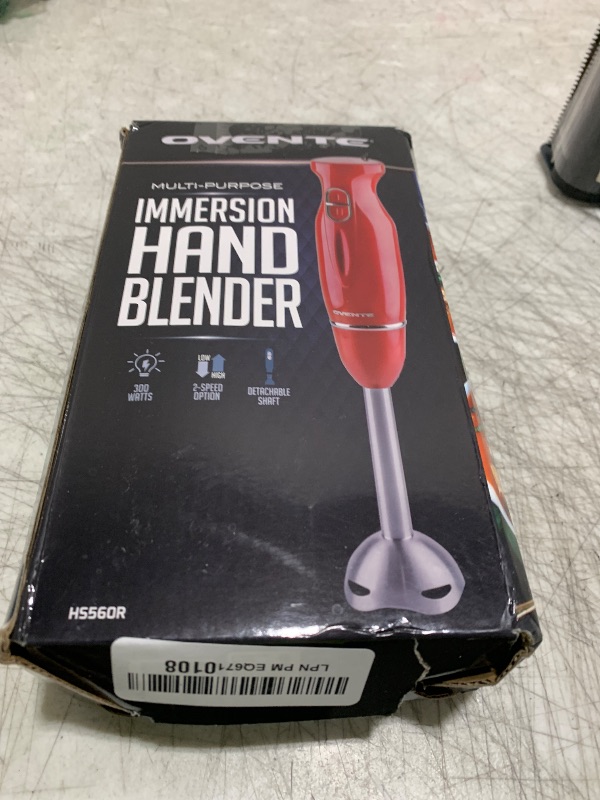 Photo 1 of OVENTE Immersion Hand Blender, 300W Electric Handheld Portable Stick Mixer with 2 Mixing Speed and Stainless Steel Blades for Effortless Blending Smoothies, Shakes, Puree or Baby Food, Red HS560R