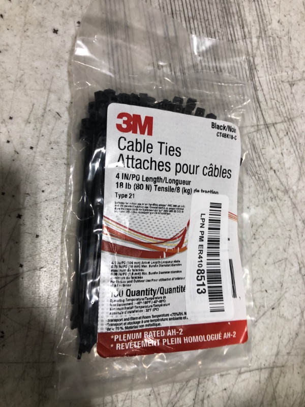 Photo 1 of 3M Black Cable Tie, Self-locking, 4" Length, 18 lb Tensile Strength, CT4BK18-C, Pack of 100