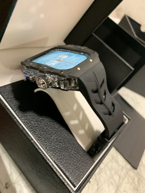 Photo 1 of For Apple Watch 46mm Case Carbon Fiber Fluorine Rubber Band, Luxury iWatch S10 46mm Carbon Fiber Case for Men, Replacement Fluorine Rubber Strap Apple Watch 46mm Protective Bumper Cover (46mm, Silver)