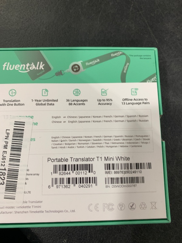 Photo 1 of Timekettle, Fluentalk T1 Mini Translator Device No WiFi Needed, Built in 1-Year Global Mobile Data, Supports 40 Languages and Photo Translation, Instant Language Translator for Travelling White