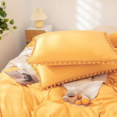 Photo 1 of MOVE OVER Yellow Pillowcases King Size Boho Chic Pom Pom Pillowcases 20x36 Inches Yellow Pillow Case Cover Set of 2 Soft Washed Microfiber Farmhouse Pillow Shams for Bed Decor
